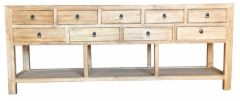 "Kingscliff" Recycled Elm Timber 9 Drawer Hall Table with Shelf, 230cm x 45cm x 90cm