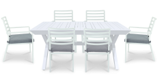 "Breeze" Hamptons Style Outdoor 7 Piece Extension Dining Setting in Arctic White with Platinum Olefin Cushions