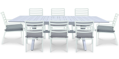 "Breeze" Hamptons Style Outdoor 9 Piece Extension Dining Setting in Arctic White with Platinum Olefin Cushions