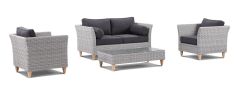 "Tahiti" Hamptons Style Outdoor Setting 2 Seater and 2 x 1 Seater Lounges with Coffee Table, Grey with Denim Cushions