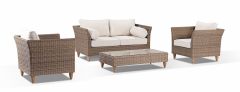 "Tahiti" Hamptons Style Outdoor Setting 2 Seater and 2 x 1 Seater Lounges with Coffee Table, Wheat with Cream Cushions