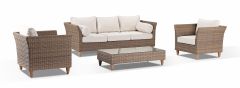 "Tahiti" Hamptons Style Outdoor Setting 3 Seater and 2 x 1 Seater Lounges with Coffee Table, Brushed Wheat