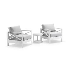 "Montego Bay" Hamptons Style Outdoor Aluminium 3 Piece Set, 2 x Armchairs White with Olefin Grey Cushions + Side Table (RRP $2199)
