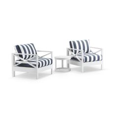 "Montego Bay" Hamptons Style Outdoor Aluminium 3 Piece Set, 2 x Armchairs White with Navy & White Stripe Cushions + Side Table (RRP $2199)