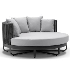 "Coolum" Hamptons Style Outdoor Aluminium Round Daybed in Charcoal with Olefin Grey Cushions, L160cm x D160cm x H74cm