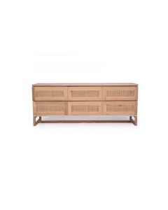 Clovelly Chest Of Drawers 6 Drawers American Oak & Rattan, W 180cm x D 45cm x H 70cm