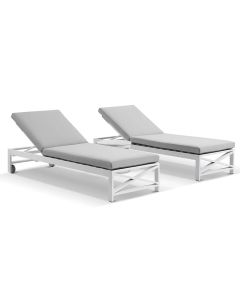 "Montego Bay" Hamptons Style Aluminium Set of 2 Sun Lounges in White with Grey Cushions with wheels & Ceramic Top Side Table(RRP $3999)
