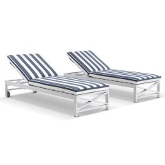 "Montego Bay" Hamptons Style Aluminium Set of 2 Sun Lounges in White with Navy & White Cushions with wheels (RRP $3499)