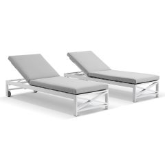 "Montego Bay" Hamptons Style Aluminium Set of 2 Sun Lounges in White with Olefin Grey Cushions with wheels (RRP $3499)