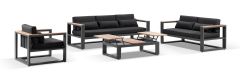 "Newport" Hamptons Style Outdoor Aluminium 3, 2 & 1 Seater Lounge Setting with Coffee Table in Charcoal with Denim Grey Cushions