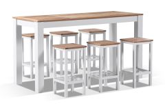 "Newport" Hamptons Style Outdoor Aluminium and Teak 6 Seater Bar Setting in White