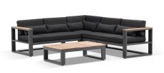 "Newport" Hamptons Style Outdoor Aluminium and Teak Lounge Setting with Coffee Table in Charcoal with Denim Grey Cushions