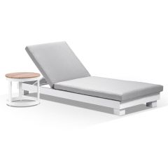 "Hawaii" Hamptons Style Aluminium Sun Lounge in White with Olefin Grey Cushion & Teak Look Round Side Table