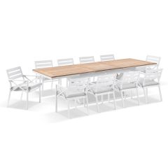 "Burleigh" Hamptons Style Outdoor 2.2m - 3m Teak & Aluminium Extension Table & 10 x Montego Bay Chairs, Olefin Grey Seat Cushions
