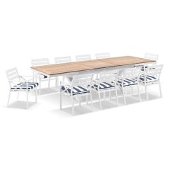 "Burleigh" Hamptons Style Outdoor 2.2m - 3m Teak & Aluminium Extension Table & 10 x Montego Bay Chairs, Navy & White Seat Cushions