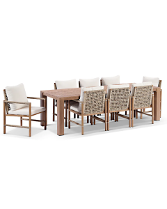 "Entertainer" Superior Comfort Premium Quality Aluminium 2.45m Outdoor Dining Table with 8 Avery Rope Chairs – Mahogany / Bone W245 x D92 x H74 CM (RRP $5999)