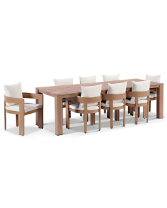 "Entertainer" Superior Comfort Premium Quality Outdoor Aluminium 2.45m Dining Table with 8 Marlo Chairs, Timber-Look Finish, Mahogany W245 x D92 x H74 CM (RRP $5999)