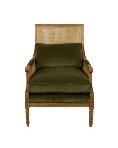 Hicks Cane Armchair Natural with Olive Green Cushions, W 86cm D 63cm H 95cm (RRP $1999)