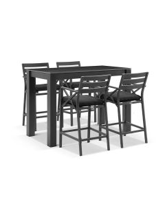 "Montego Bay" Hamptons Style Outdoor Charcoal Aluminium Bar Setting 1.5m Table + 4 x Montego Bay Bar Stools, Dark Grey Cushions (RRP $2799)