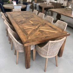 "Hayman" Resort Style Hardwood Timber Parquetry 11 Piece Dining Package, Vintage Finish, 300x120x77cm (RRP $7999)