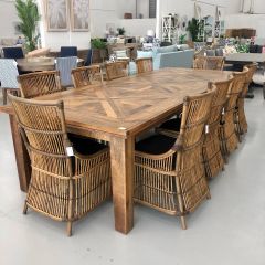 "Hayman" Resort Style Hardwood Timber Parquetry 11 Piece Dining Package, Vintage Finish, 300x120x77cm (RRP $7999)