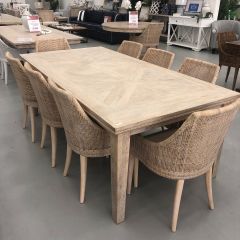 "Hayman" Resort Style Hardwood Timber Parquetry Dining Package, Beachwhite 220x110cm + 8 x Coral Bay Chairs in Whitewash, Whitewash Legs (RRP $5999)