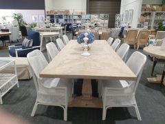 "Whitsunday" Hamptons Style Hardwood Timber Parquetry Dining Table with Pedestal Base, Beachwhite Finish, 300x120x77cm (RRP $4999)