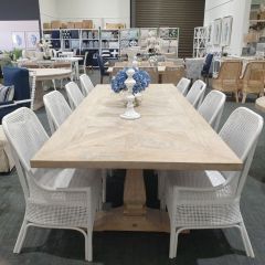 "Whitsunday" Hamptons Style Hardwood Timber Parquetry Dining Table Package with 8 x Southbeach Chairs in Solid White, Beachwhite Finish (RRP $6499)