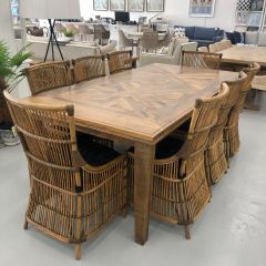 "Hayman" Resort Style Parquetry Hardwood Timber 9 Piece Dining Package, Vintage Finish, 220x110x77cm (RRP $5999)
