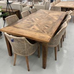 "Hayman" Resort Style Hardwood Timber Parquetry 9 Piece Dining Package, Vintage Finish, 220x110x77cm (RRP $5999)