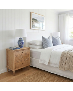 "Hampshire" Hamptons Style Solid Timber 3 Drawer Bedside Table, Whitewashed Oak 60cmW x 49cmD x 71cmH (RRP $999)