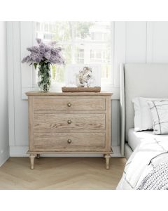 "Hampshire" Hamptons Style Solid Timber 3 Drawer Bedside Table, Weathered Oak 75cmW x 49cmD x 71cmH (RRP $1499)