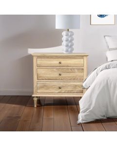 "Hampshire" Hamptons Style Solid Timber 3 Drawer Bedside Table, Whitewashed Oak 75cmW x 49cmD x 71cmH (RRP $1499)