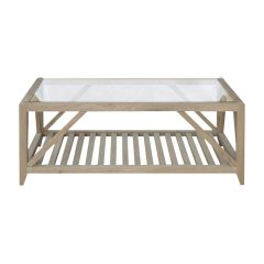 "Cabana" Hamptons Style Solid Timber Glass Top Coffee Table, Weathered Oak