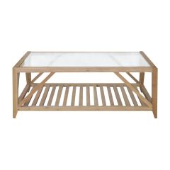 "Cabana" Hamptons Style Solid Timber Glass Top Coffee Table, Natural Oak