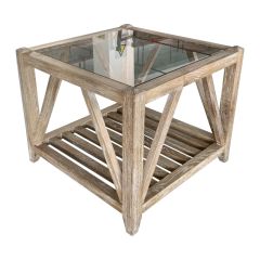 "Cabana" Hamptons Style Solid Timber Glass Top Side Table, White Wash Oak, 60cm x 60cm
