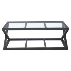 "Mirage" Hamptons Style Solid Oak Timber Glass Top Coffee Table, Rustic Black (RRP $1499)