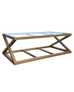 "Mirage" Hamptons Style Solid Oak Timber Glass Top Coffee Table, Natural Oak (RRP $1499)