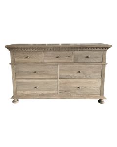 "South Hampton" Hamptons Style Solid Oak Timber 7 Drawer Chest, Weathered Oak 152cmW x 46cmD x 91cmH (RRP $2999)