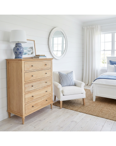 "Hampshire" Hamptons Style Timber 5 Drawer Tallboy Natural Oak, 91cmW x 50cmD x 127cmH (RRP $2499)