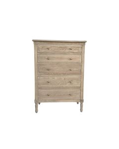 "North Hampshire" Hamptons Style Timber 5 Drawer Tallboy Weathered Oak, 91cmW x 50cmD x 127cmH (RRP $2399)