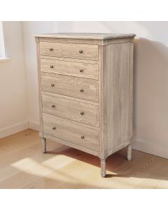 "North Hampshire" Hamptons Style Timber 5 Drawer Tallboy Weathered Oak, 91cmW x 50cmD x 127cmH (RRP $2499)