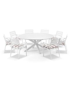 "Hawaii" Hamptons Resort Style Aluminium 180cm Round Dining Table with 8 Montego Bay Chairs with Sunbrella Fabric (RRP $4999)