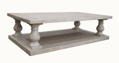 "Whitsunday" Hamptons Style Hardwood Timber Parquetry Coffee Table with Pedestal Base, Beachwhite Finish, 150x80x40cm (RRP $1799)