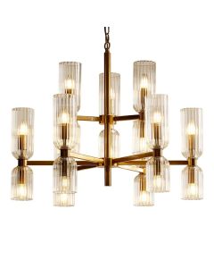 "Hepburn" Large 18 Light Brushed Brass Ribbed Glass Chandelier W86 × D86 × H120 CM (RRP $1999)