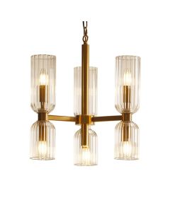 "Hepburn" Medium 6 Light Brushed Brass Ribbed Glass Chandelier W48 × D48 × H102 CM (RRP $1199)