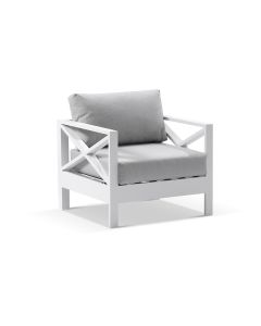 "Montego Bay" Hamptons Style Outdoor Aluminium 1 Seater Armchair, White with Olefin Grey Cushions (RRP $1199)