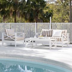 "Montego Bay" Hamptons Style Outdoor White Aluminium 2+1 Seater Lounge Setting with Coffee Table, Sunbrella Beige & White Stripe Cushions
