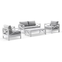 "Montego Bay" Hamptons Style Outdoor Aluminium 4 Piece 2+1+1 Seater Lounge Setting, White with Olefin Grey Cushions (RRP $4099)