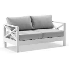"Montego Bay" Hamptons Style Outdoor Aluminium 2 Seater Lounge, White with Olefin Grey Cushions